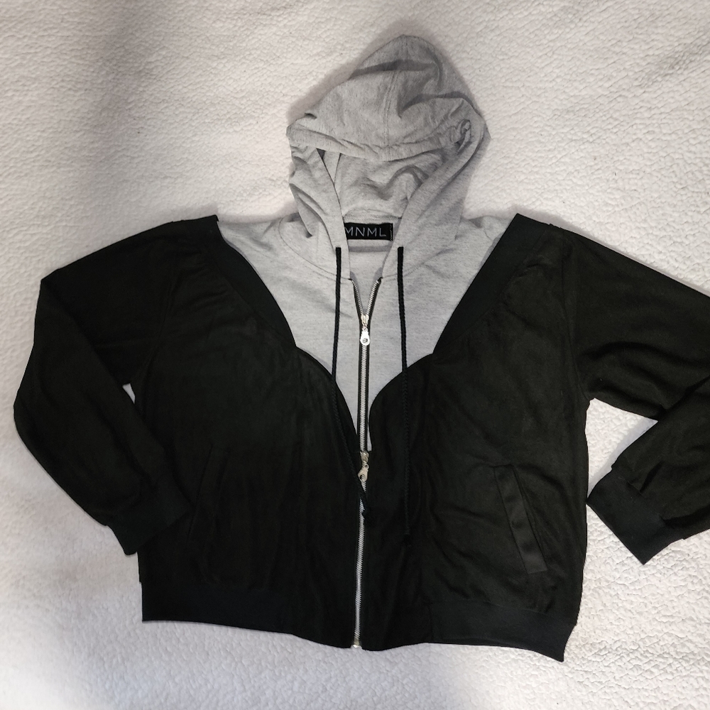 NWT MNML Dolls Kill Grey And Black Double Zip Hooded Jacket - Picture 4 of 16